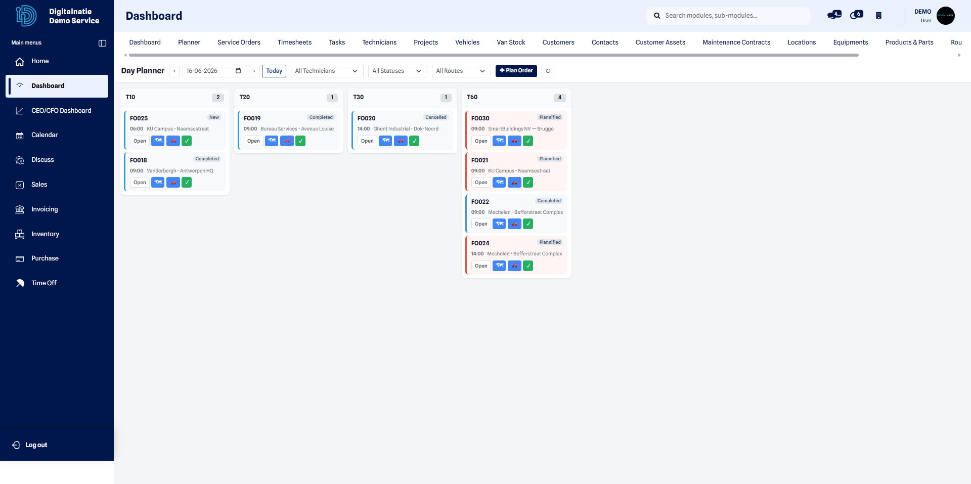 Day planner with service orders scheduled across technicians and routes