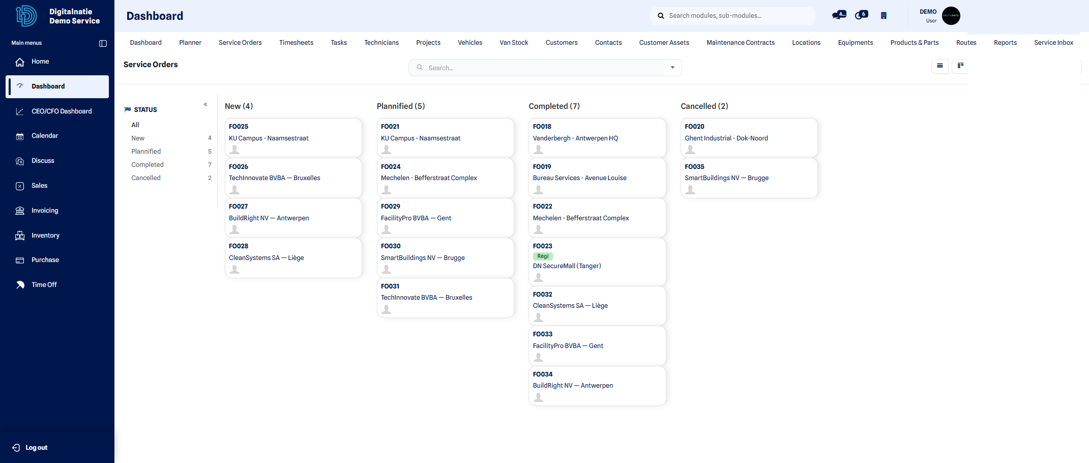 Service orders organized by status from new to completed