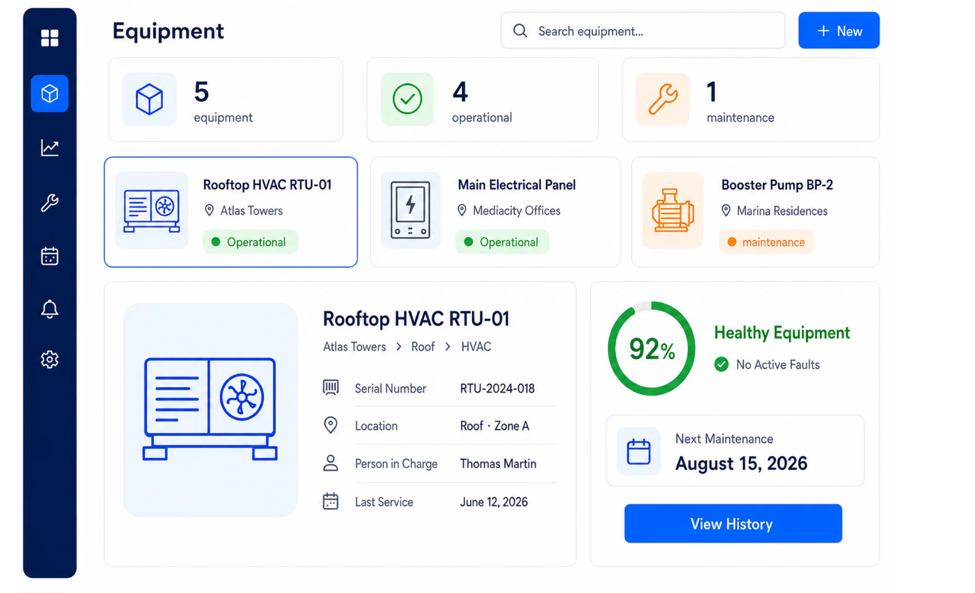 Equipment record in Digitalnatie with serial number, location, person in charge, health score and next maintenance