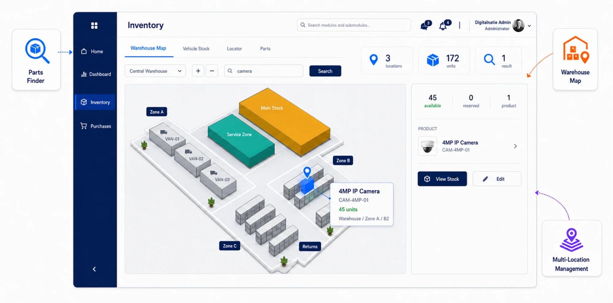 Warehouse map in Digitalnatie with zones, vans and the exact location of a searched part