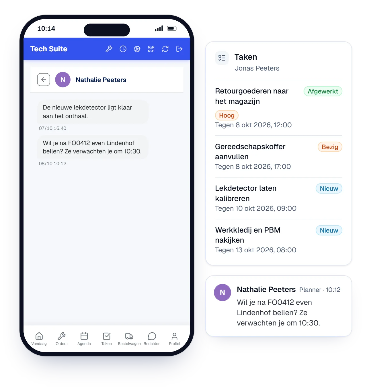 Animatie van Mijn taken in de Tech Suite-app: een taak wordt afgerond, de volgende gestart, en een bericht van de planner komt binnen in Berichten