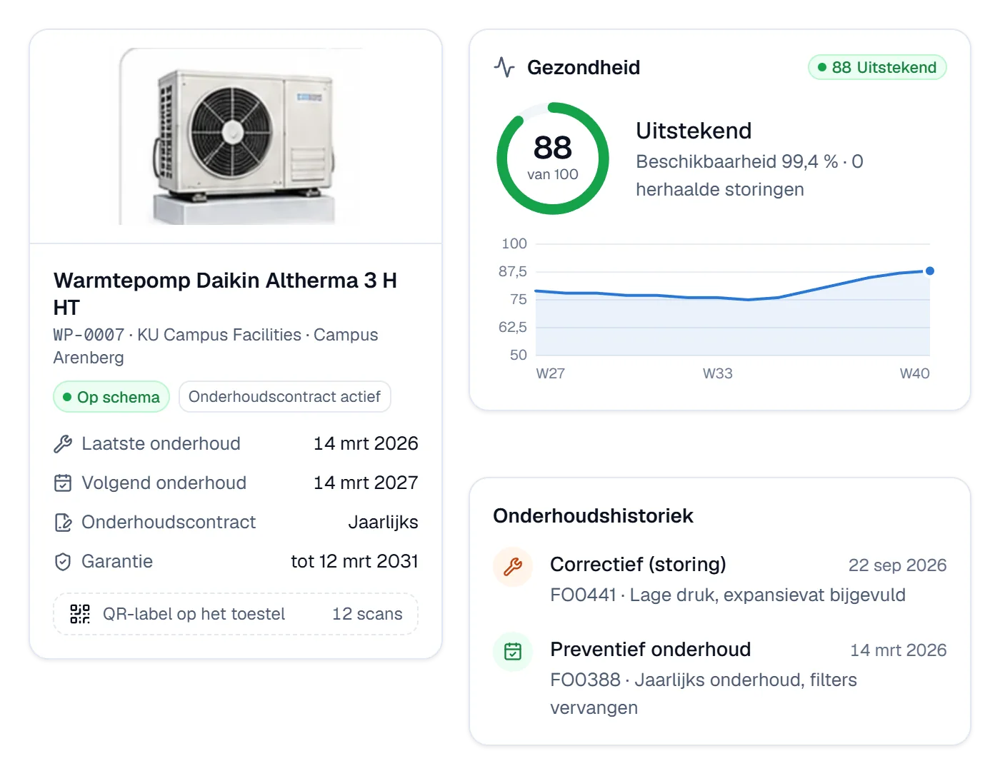 Fiche van een warmtepomp in Digitalnatie Service Suite met gezondheidsscore, volgend onderhoud, contract, garantie en onderhoudshistoriek