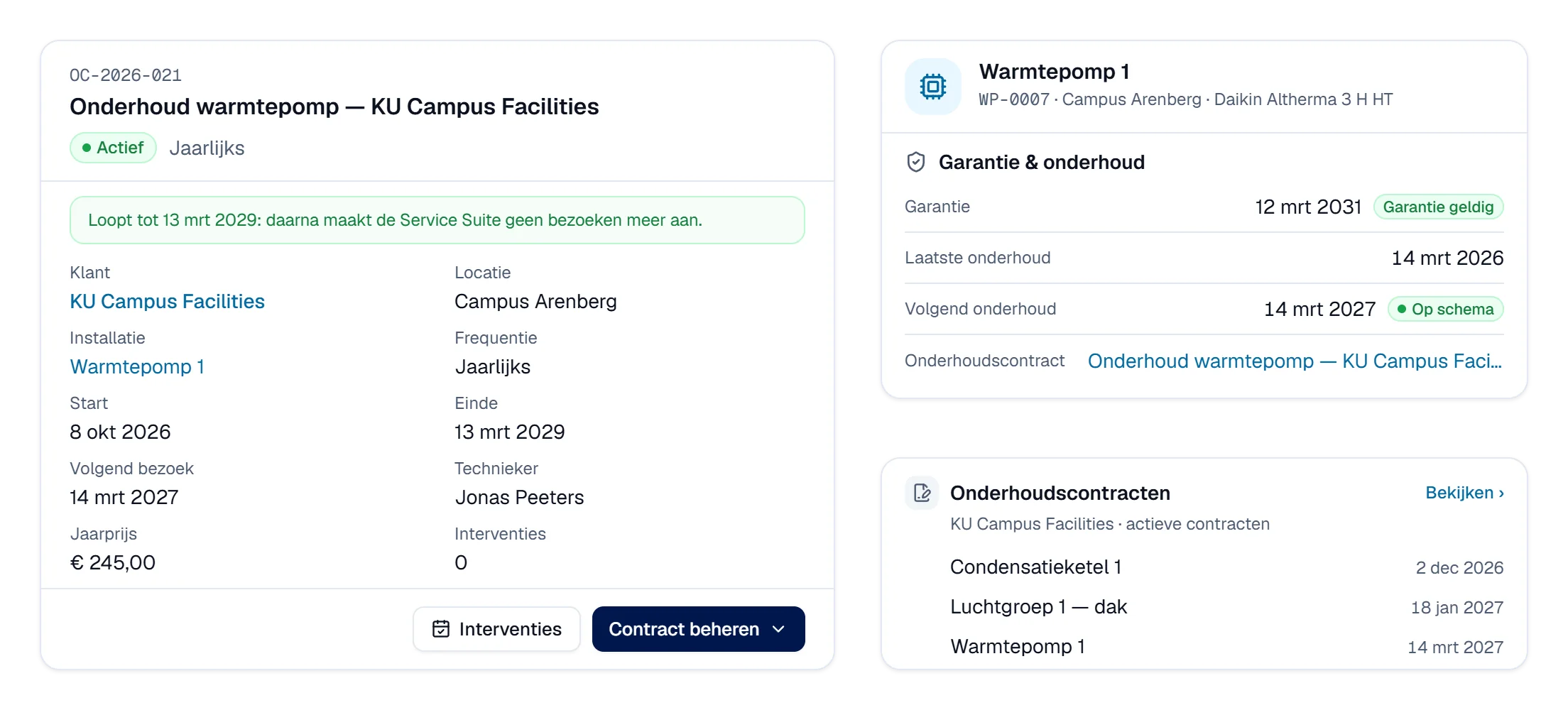 Animatie van een onderhoudscontract in Digitalnatie: klant, locatie, installatie, frequentie, looptijd en jaarprijs vullen zich in, het contract wordt geactiveerd en verschijnt bij de installatie