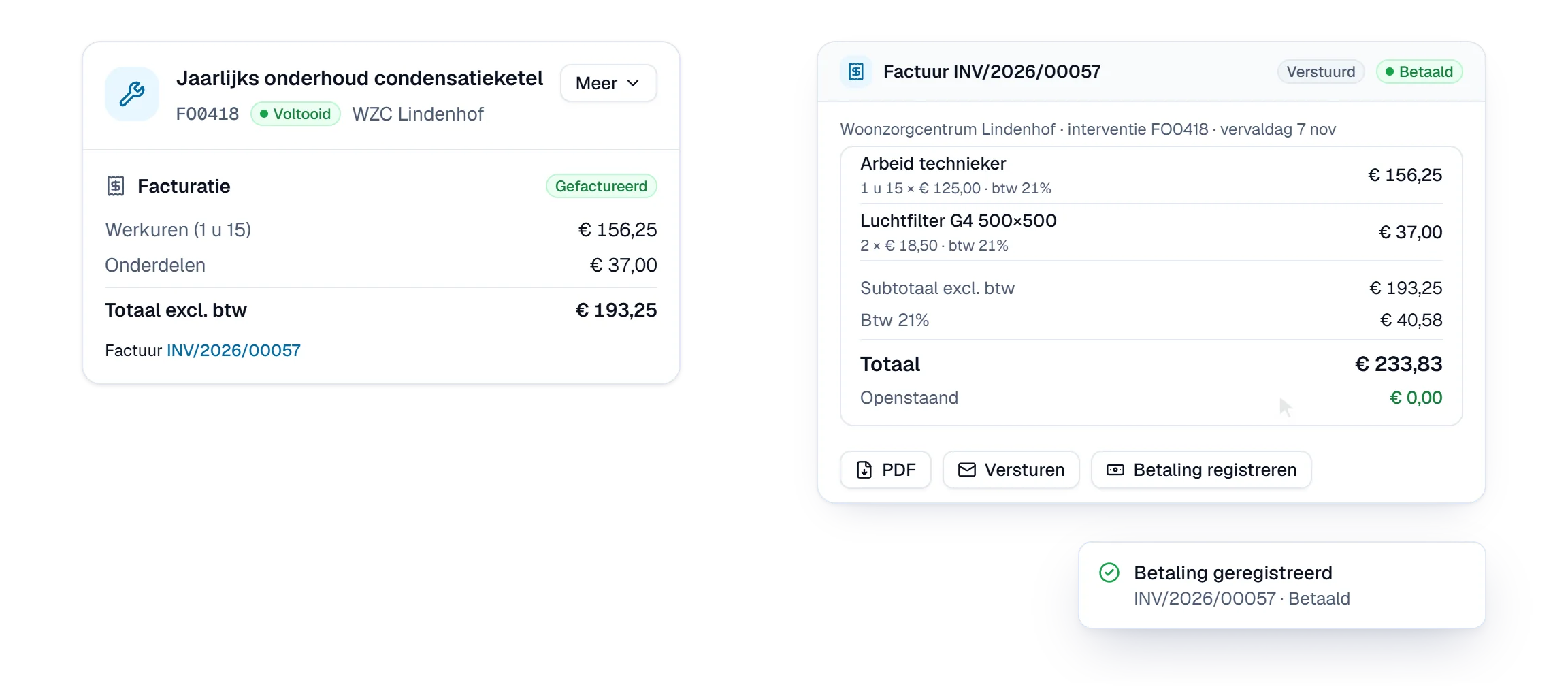 Van afgewerkte werkbon naar factuur in Digitalnatie Service Suite: uren en onderdelen worden factuurlijnen, de factuur wordt verstuurd en betaald