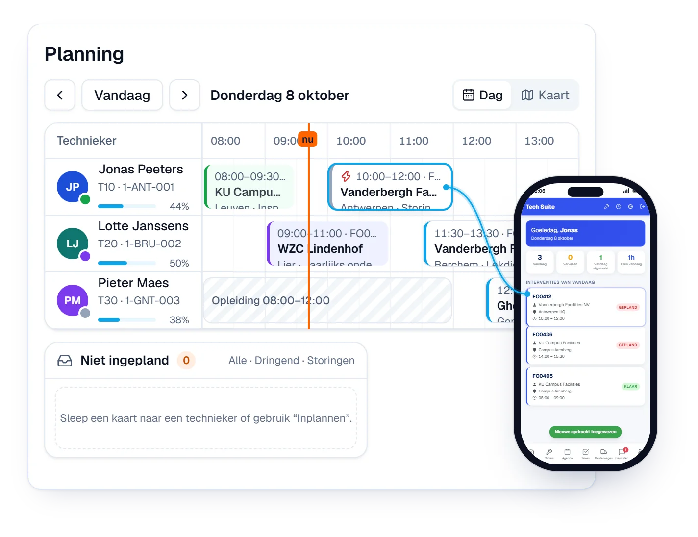 Animatie van de dagplanning in Digitalnatie Service Suite: een interventie wordt naar een vrije technieker gesleept en verschijnt als gepland in zijn app