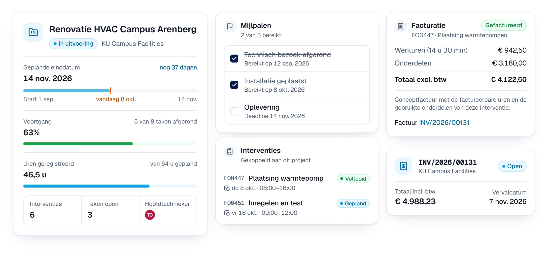 Animatie van een project in Digitalnatie: geplande einddatum, voortgang, geregistreerde uren tegenover de geplande uren, mijlpalen en een factuur die vanuit een afgewerkte interventie wordt aangemaakt