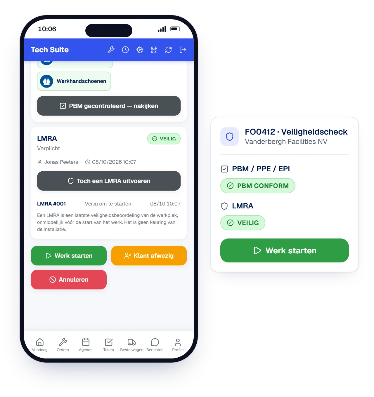Animatie van de PBM-controle en de LMRA in de Tech Suite-app: de beschermingsmiddelen worden bevestigd, de LMRA-vragen beantwoord en de opdracht staat op veilig om te starten